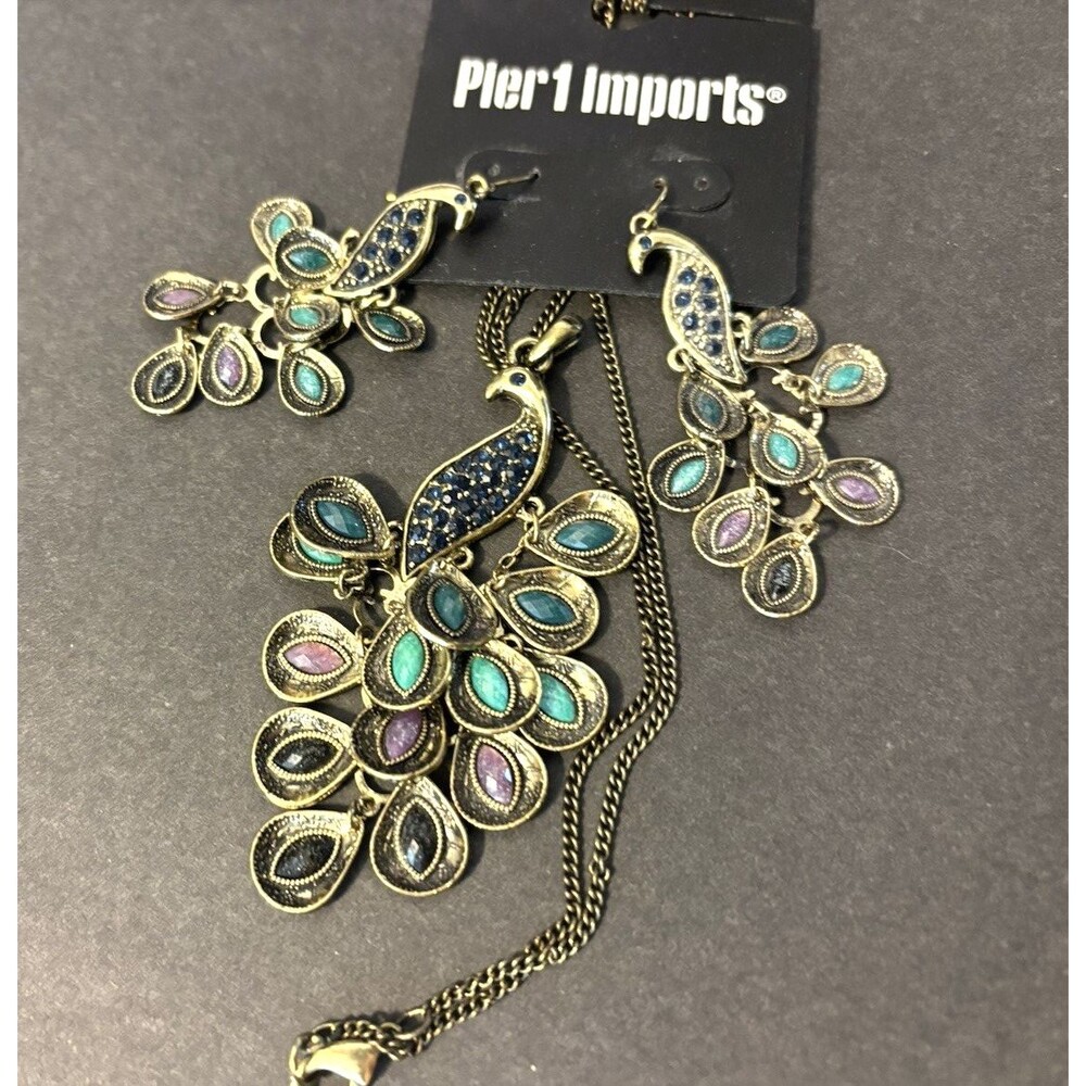 Pier 1 Vintage Peacock Necklace And Earrings Silver color with Turquoise & Pink